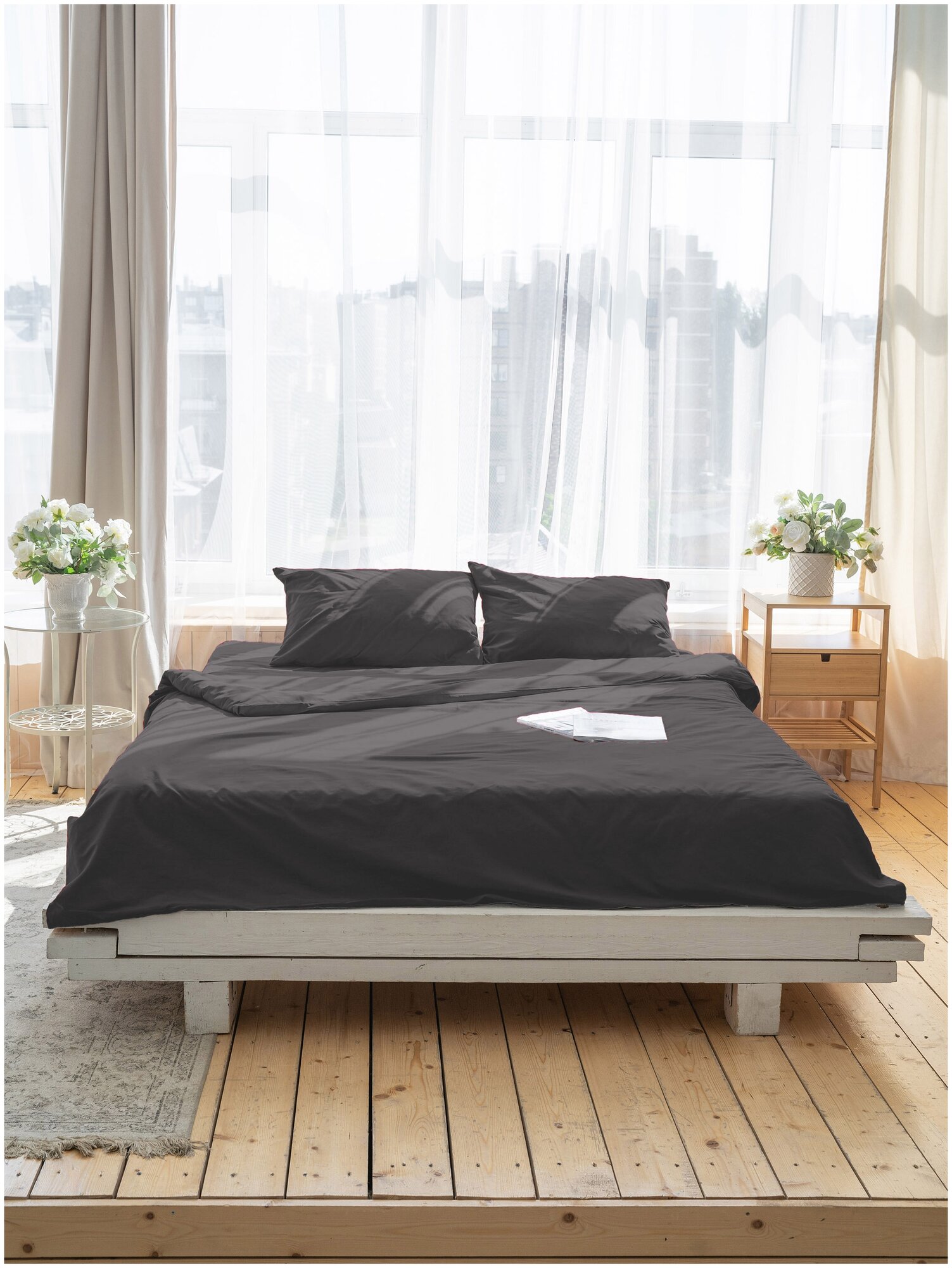 Комплект постельного белья ZonaSona с простыней на резинке, Графит, 2 спальный, поплин, наволочки 50х70 2 шт. - фотография № 2