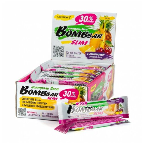 Протеиновый батончик BOMBBAR Slim + Vitamin C и L-carnitine, 1050 г, ананас / вишня протеиновый батончик bombbar slim vitamin c и l carnitine 1050 г клюква годжи гуарана