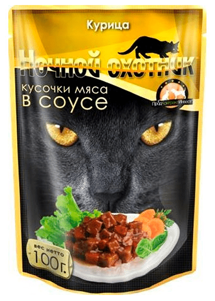 Ночной охотник Кусочки в соусе для кошек с курицей-19436 0,1 кг 21934 (10 шт) - фотография № 1