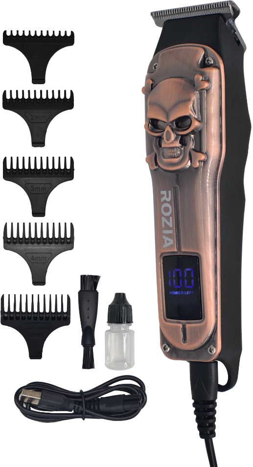 Профессиональная машинка для стрижки волос Rozia Pro , Триммер для стрижки RoziaPro , для мужчин, уход, c черепом, с LED дисплеем, бронза, UP+