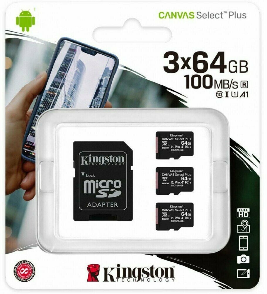 Карта памяти 64Gb MicroSD Kingston Canvas Select Plus + SD адаптер (SDCS2/64GB-3P1A)