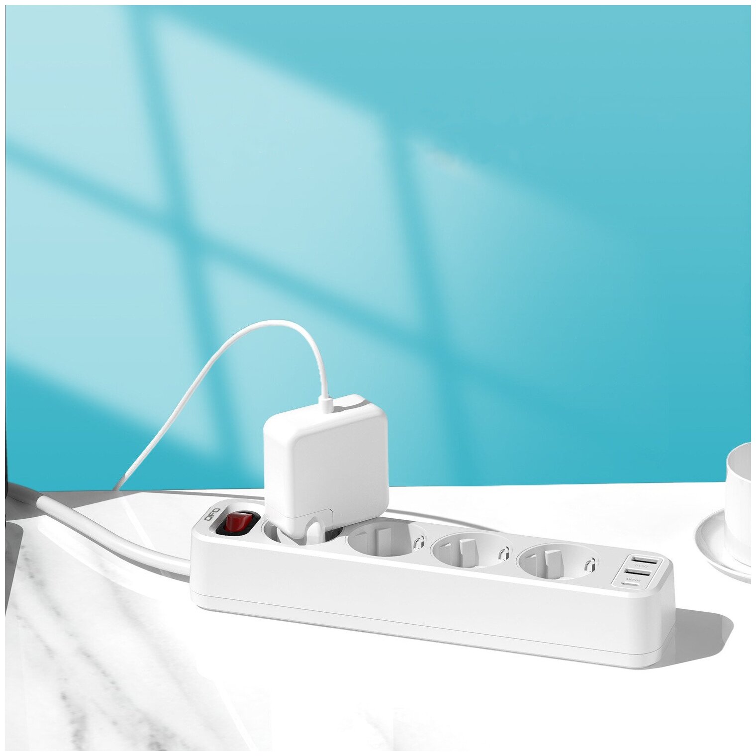 Удлинитель бытовой электрический (белый) OFOPRO, сетевой фильтр, 4 гнезда-розетки, 2 USB, 1 USB TYPE C, 1.8м, 16А/4000Вт - фотография № 3