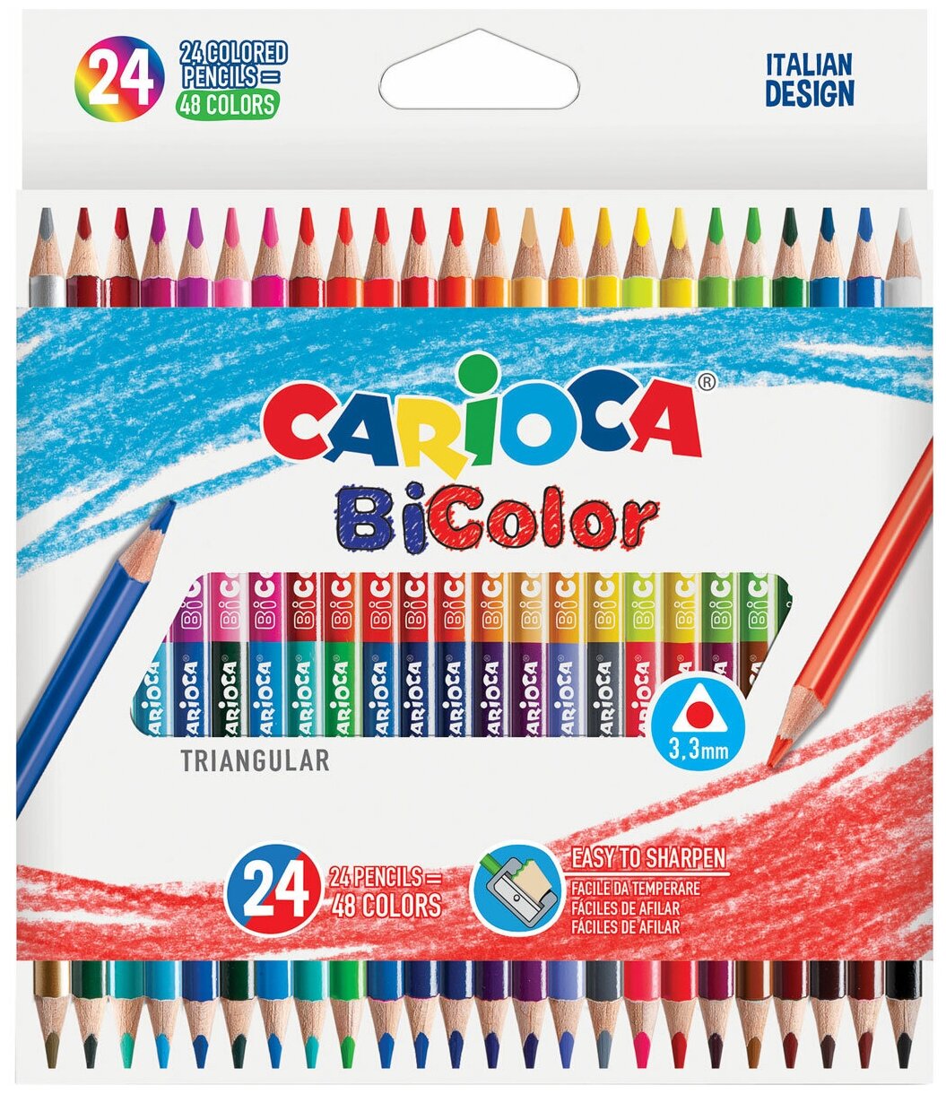 Карандаши двусторонние CARIOCA "Bi-color", комплект 5 шт., 24 штуки, 48 цветов, трехранные, заточенные, 43031