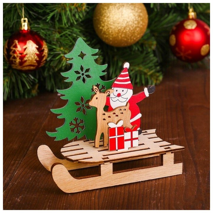 Новогодний декор Лесная мастерская "Дед мороз с оленем на санях", дерево, в пакете