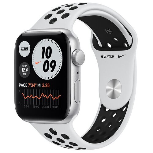 фото Умные часы apple watch se gps 44мм aluminum case with nike sport band, серебристый/чистая платина/черный