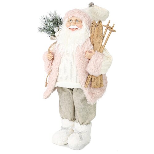 Дед Мороз в Розовой Шубке с Лыжами и Подарками, 30 см