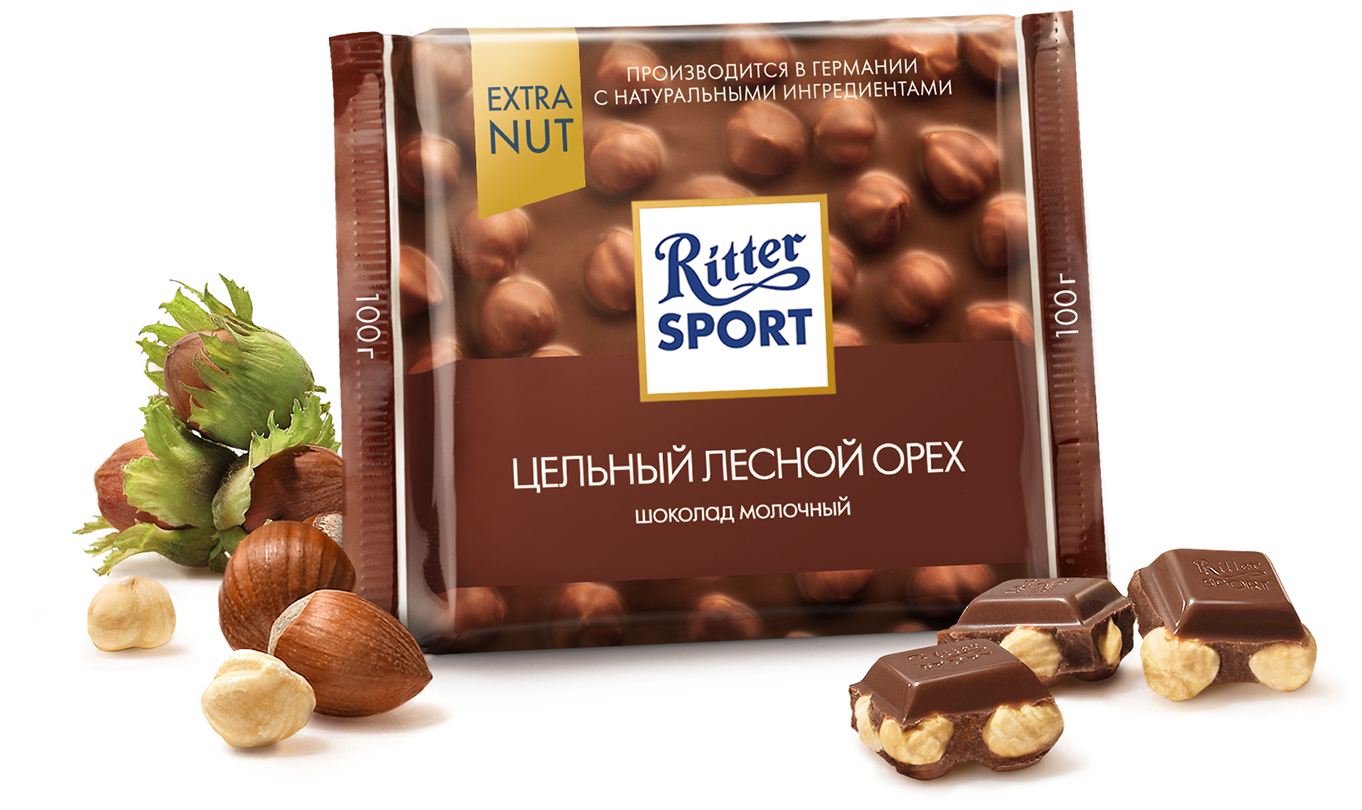 Шоколад Ritter Sport Extra Nut молочный цельный лесной орех, 100 г, 10 уп.