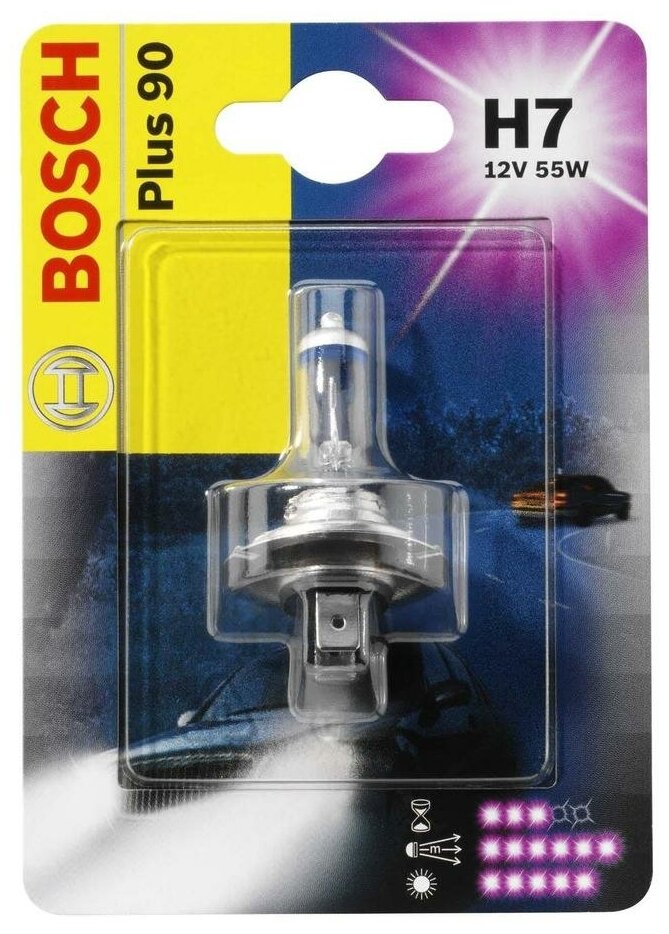 Лампа автомобильная галогенная BOSCH Plus 90 1987301078 H7 12V 55W PX26d