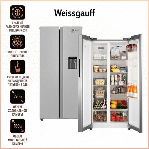 Отдельностоящий холодильник с инвертором и подачей воды Weissgauff WSBS 600 X NoFrost Inverter Water Dispenser холодильник weissgauff wsbs 600 xb nofrost inverter water dispenser