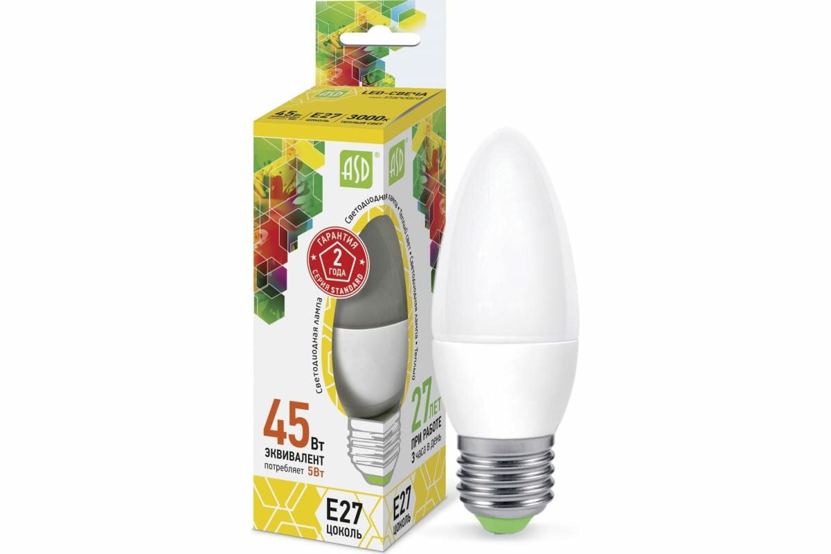 Лампа ASD LED-СВЕЧА-standard 5Вт Е27 3000К 450Лм