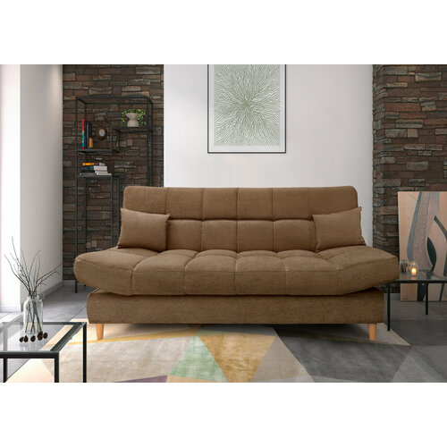 Саймон-прямой диван кровать Саймон(коричневый)с подушками и ящиком для белья, без подлокотников, с пружинным блоком, механизм клик-кляк, 210х90х105 см