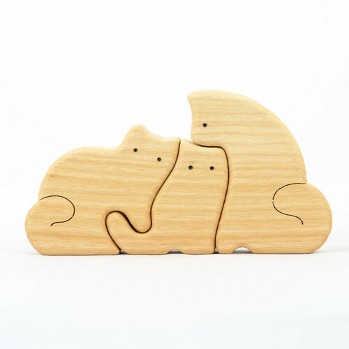 Мастерская Михеевых / Кошки с одним котенком - семейка пазл - деревянная развивающая игрушка - интерьерное украшение