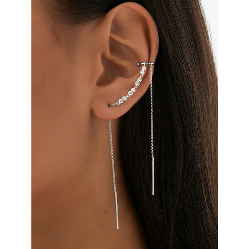 Моносерьга MIESTILO серьга кафф на ухо ювелирный, серебро, 925 проба, родирование, фианит, серебристый