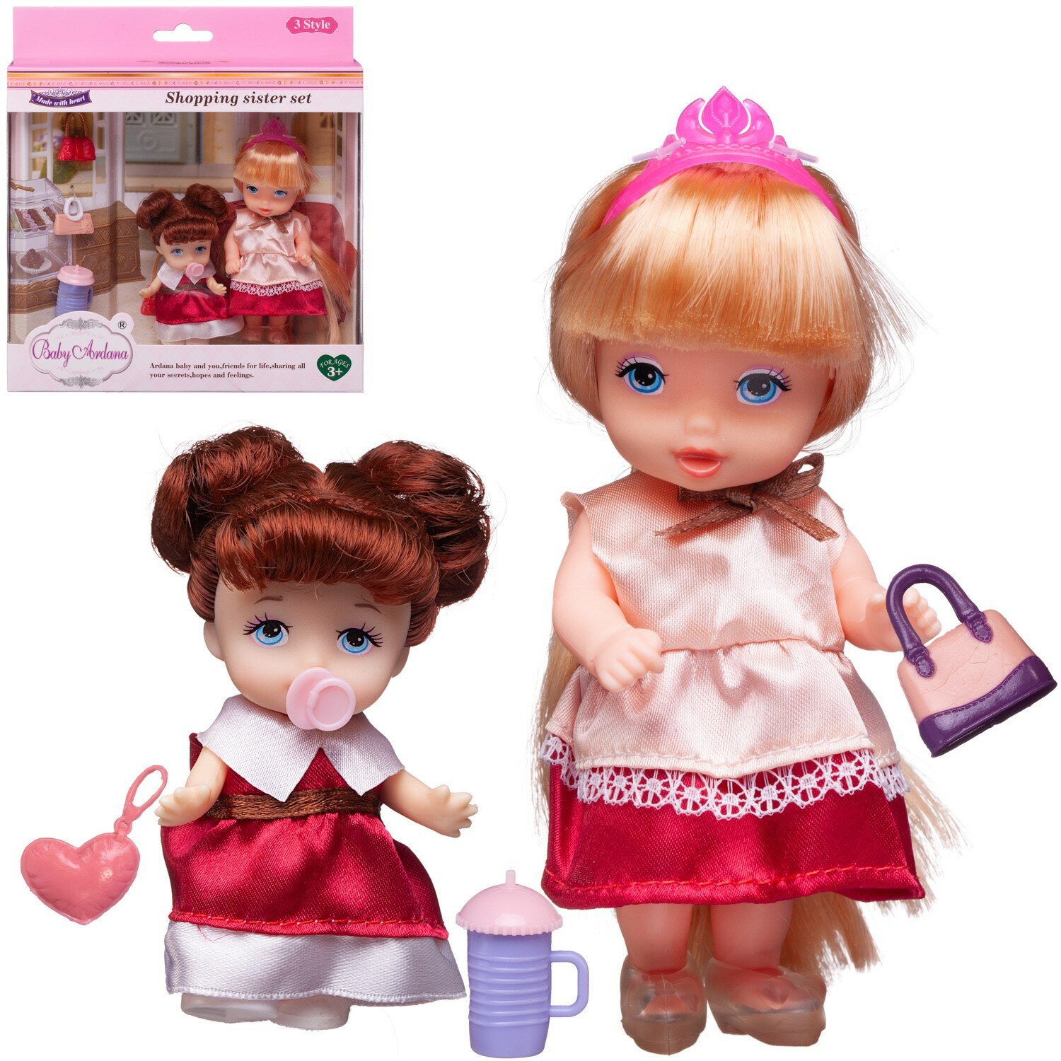Набор игровой Baby Ardana Дома у сестрёнок: 2 куколки с сумочками (в пудровом платье большая, в красном платье маленькая) A585/пудровое