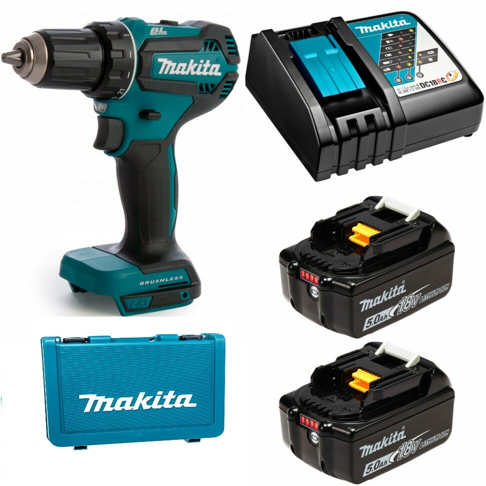 Дрель-шуруповерт аккумуляторная LXT 18В - 50Нм в кейсе 2АКБ х 5Ач и з/у Makita DDF485RTE