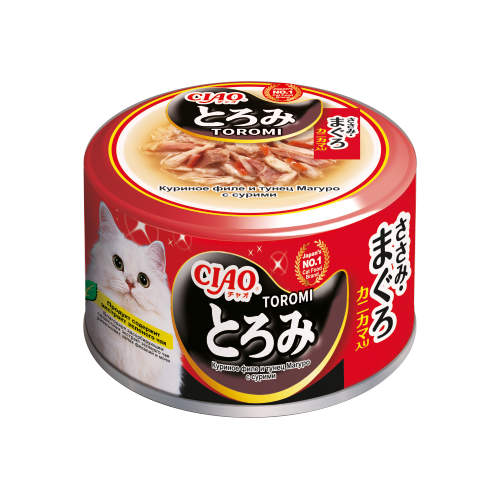 Корм для кошек INABA Ciao Toromi куриное филе и тунец магуро с добавлением сурими в бульоне 80г, 6 шт