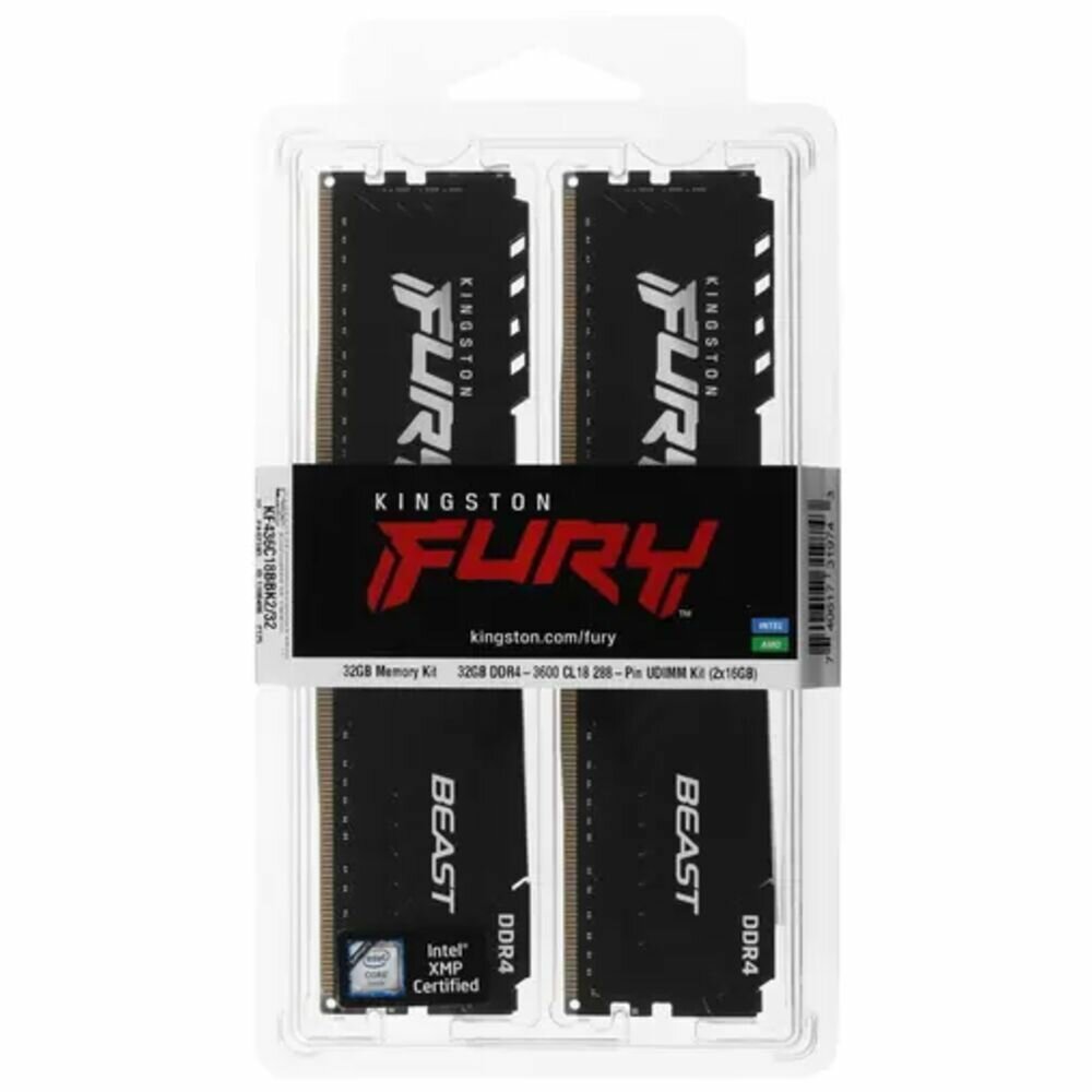 Модуль памяти DIMM 32Gb 2х16Gb DDR4 PC28800 3600MHz Kingston Fury Beast Black (KF436C18BBK2/32-SP) — фото 1