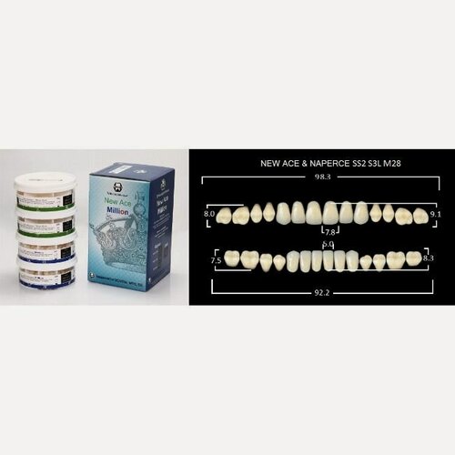 Изображение товара Зубы акриловые, вариант исполнения: New Асе -двухслойные, фронтальные, ф. SS2/S3L. Million -однослойные, жевательные, фас. M28 (верх/низ). Цвет A3; 20 гарнитуров в боксах.