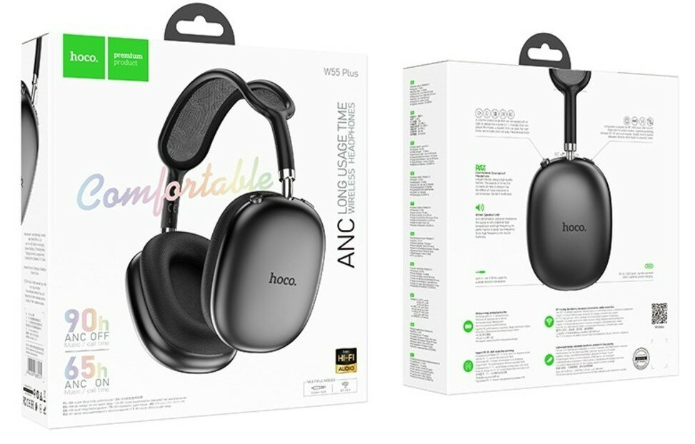 Наушники Hoco W55 Plus ANC с активным шумоподавлением, беспроводные, полноразмерные, темно-серые — фото 1
