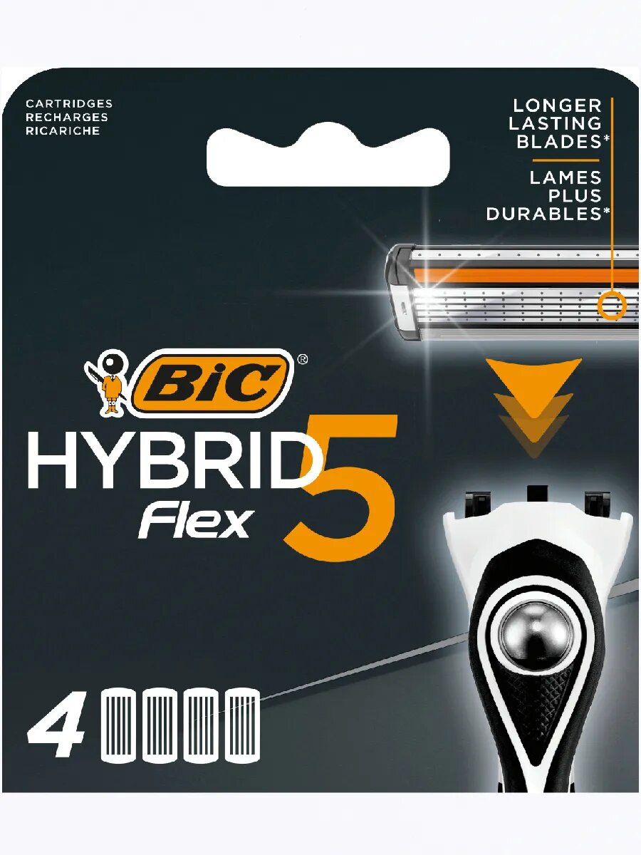 Сменные кассеты BIC Hybrid Flex 5, для бритвы, нержавеющая сталь, черно-серые, 4шт