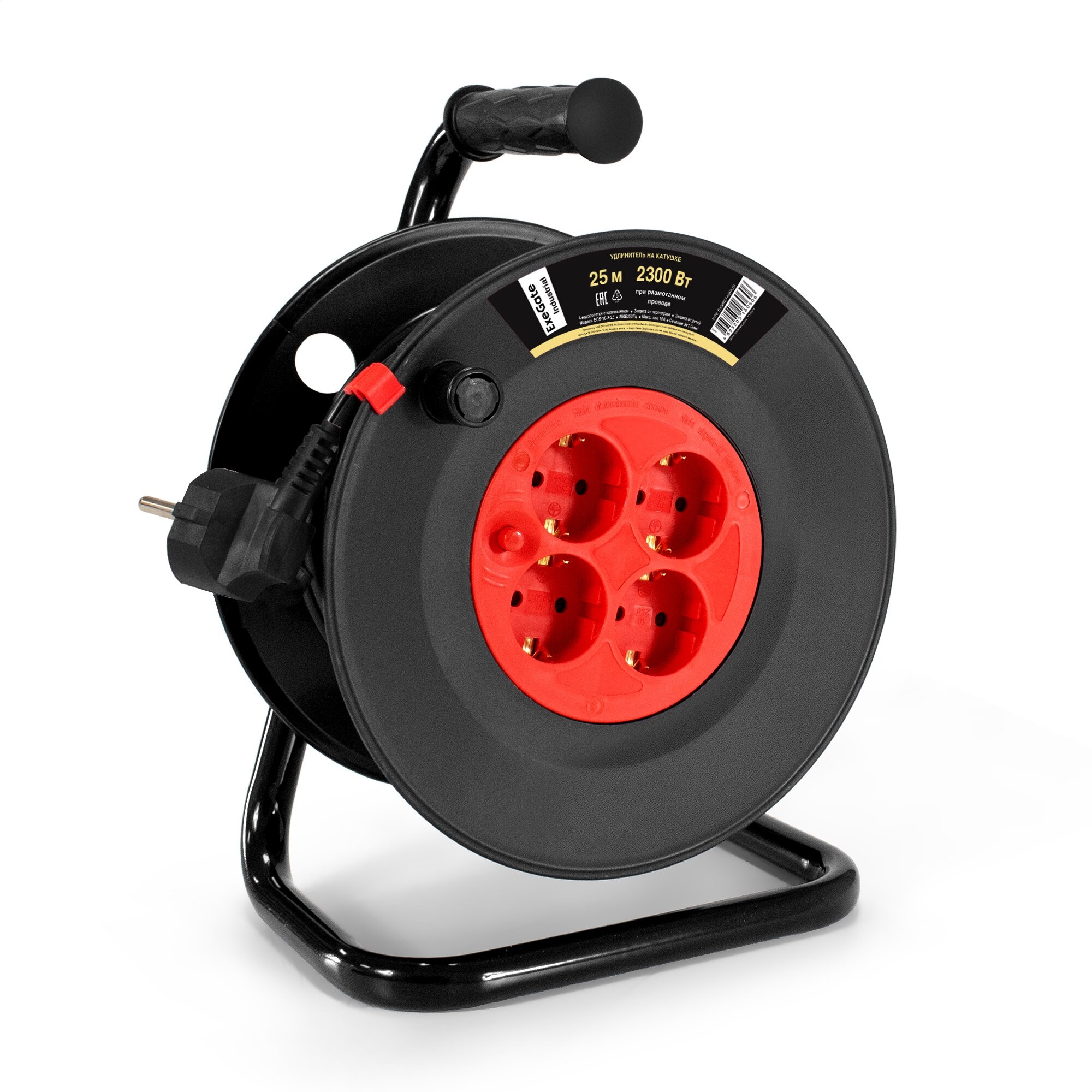 Удлинитель на катушке ExeGate industrial ECS-10-3-25 (4 евророзетки с заземлением IP20 25м защита от детей защита от перегрузки 3х10мм2 10А/2.3кВт) EX295740RUS
