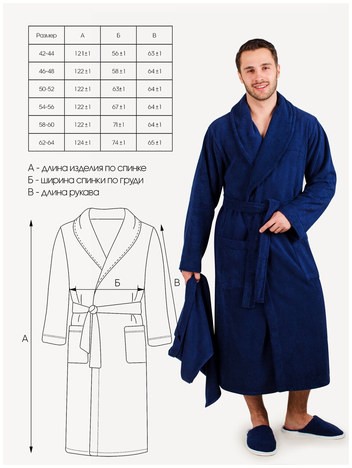 Мужской махровый халат с шалькой, темно-синий - фотография № 6