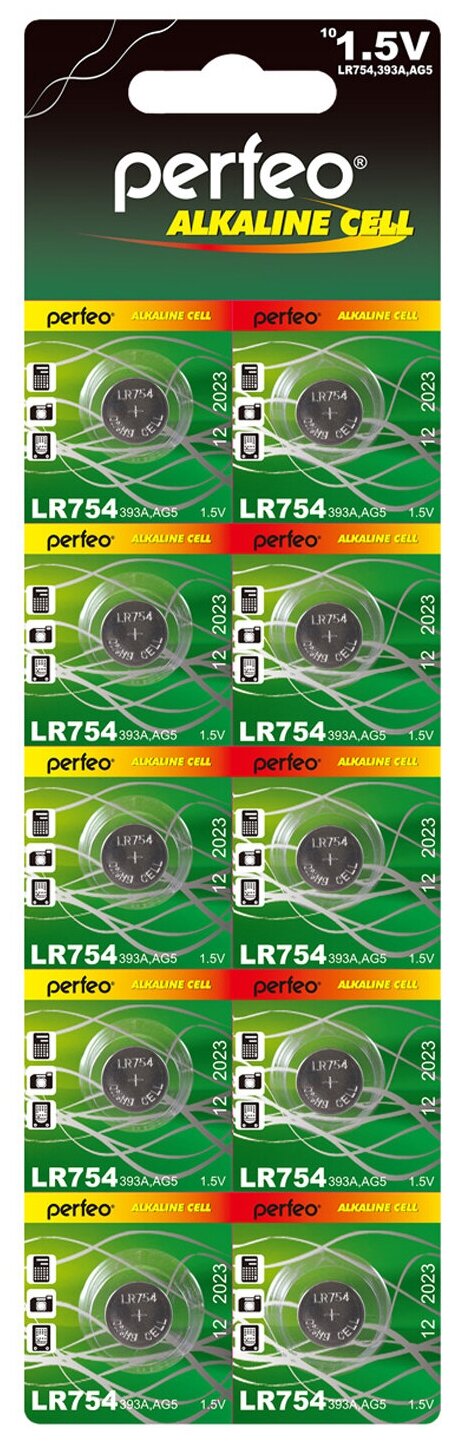 Батарейки Perfeo LR754 (AG5, 393A) Alkaline Cell алкалиновые таблеточные, 10шт, 1.5V