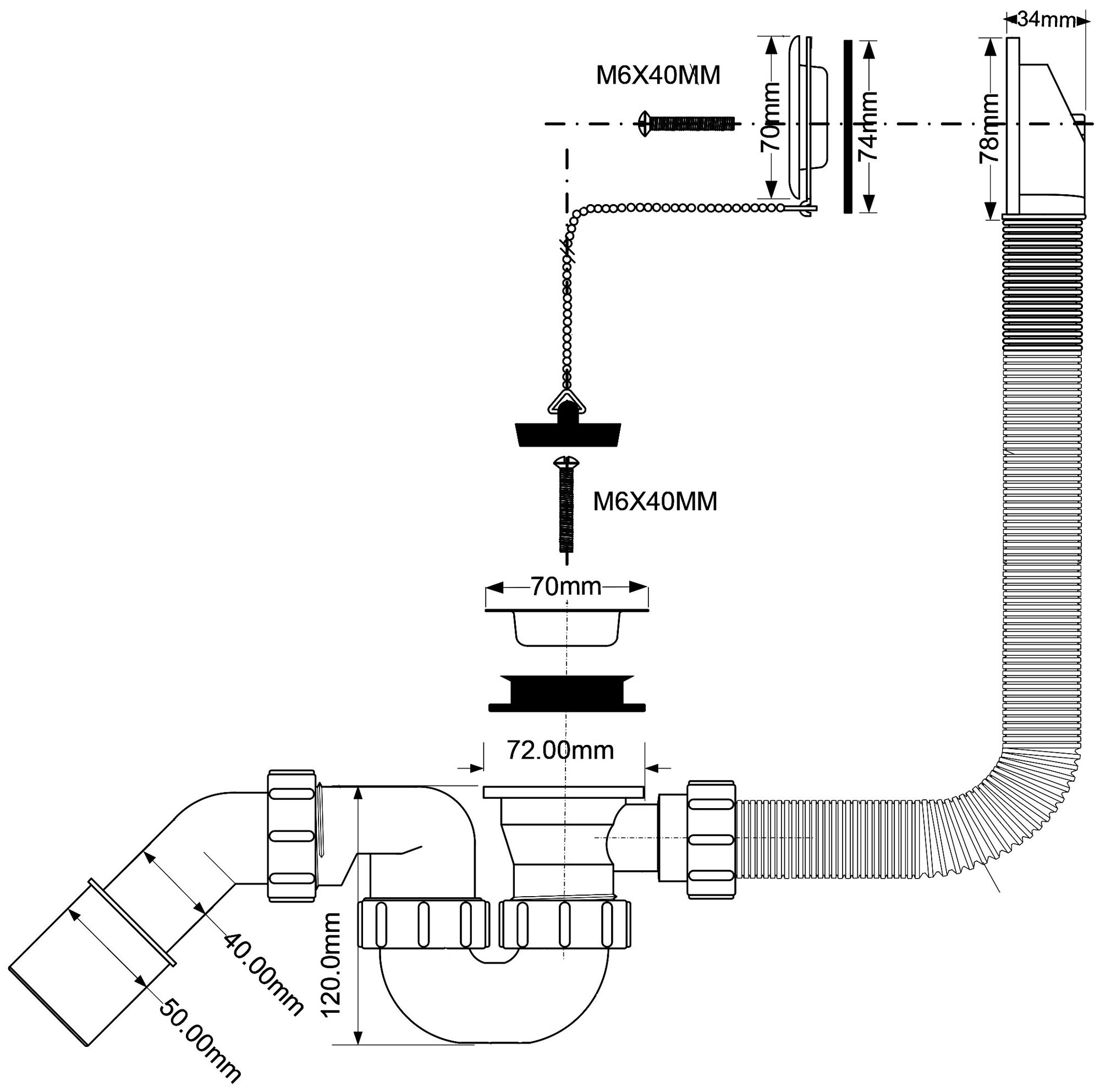 Слив-перелив Mcalpine MRB1, L=368 х 34 мм, выход 40/50 мм