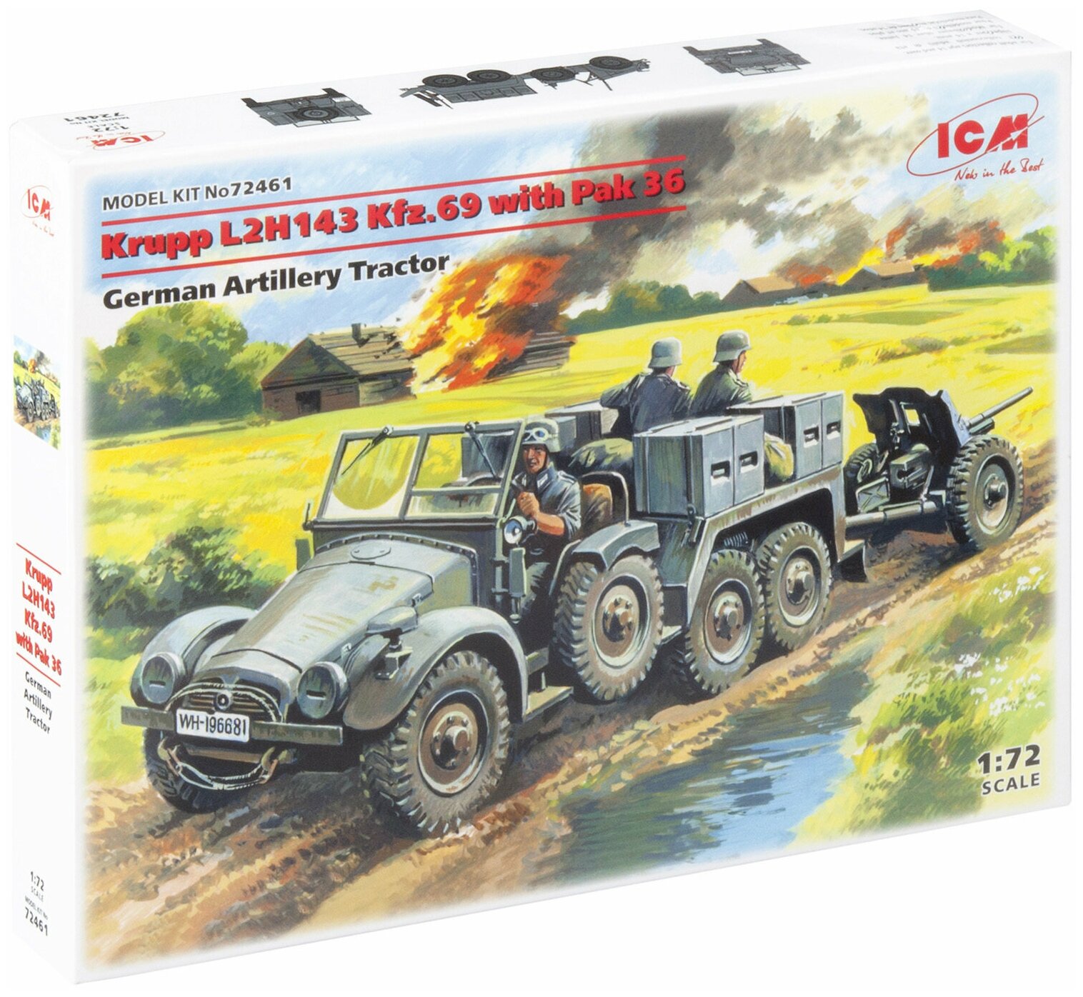 ICM Сборная модель Krupp L2H143 Kfz69 с пушкой Рас 36 Германский легкий тягач, 1/72