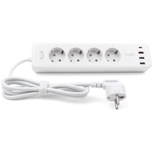 Сетевой фильтр TopON TOP-PWS4, 4 розетки, с/з, 3А / 4000 Вт 4 3 3 м 1 кв. мм 286 мм 66 мм 41 мм белый