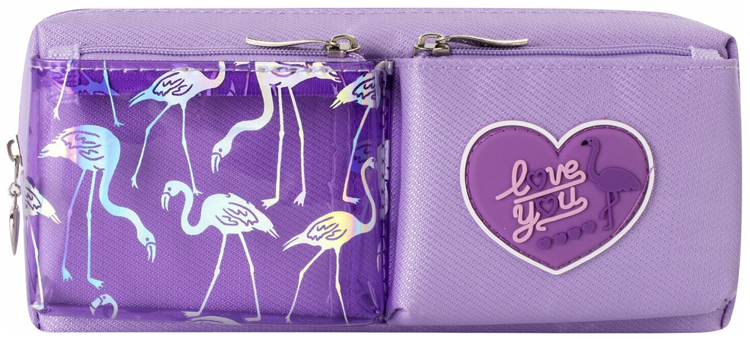 Пенал-косметичка юнландия, 1 отделение, 2 кармана, полиэстер, "Flamingo", фиолетовый, 20х6х8 см, 270260