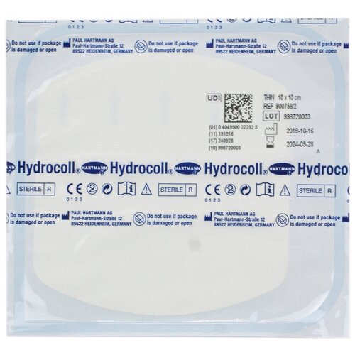 Повязка Hydrocoll thin (Гидроколл тин) гидроколлоидная самофиксирующаяся тонкая для заживления ран 10х10см, 900758 (10 штук)