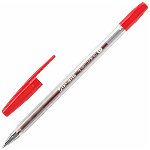Ручка шариковая BRAUBERG M-500 CLASSIC, красная, корпус прозрачный, узел 0,7 мм, линия письма 0,35 мм, 143446 - 50 шт.
