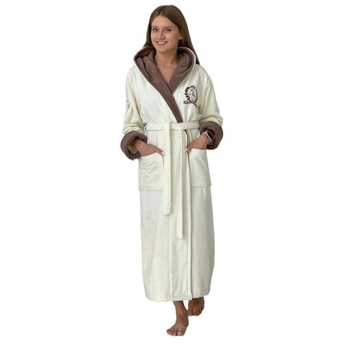 Халат махровый с капюшоном банный домашний JAN TEX, размер 5XL(56-58), молочный