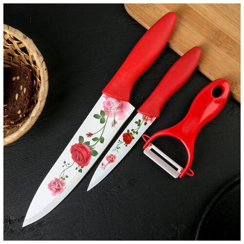 Набор кухонный Доляна «Нарцисс», 3 предмета: 2 ножа с антиналипающим покрытием, лезвие 12 см, овощечистка, 20×4 см, цвет красный