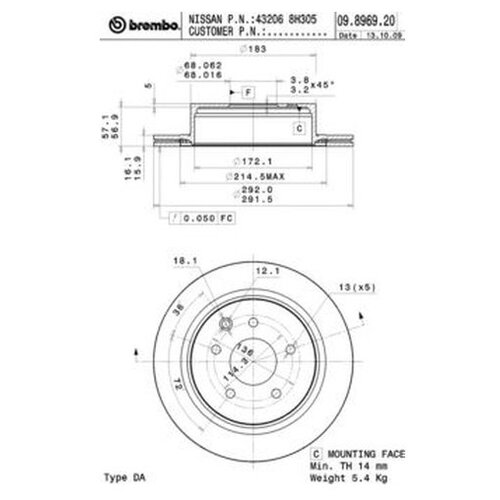 фото Тормозной диск brembo 09.8969.20 для nissan leaf, qashqai i, x-trail; renault koleos i