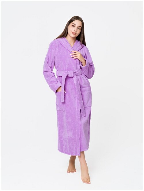 Халат РОСХАЛАТ удлиненный, длинный рукав, пояс, карманы, капюшон, размер 42-44, фиолетовый