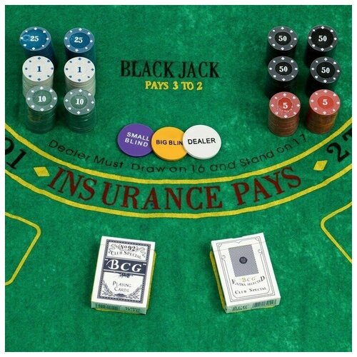 Покер, набор для игры (карты 2 колоды, фишки 240 штук), 60 х 90 см, микс