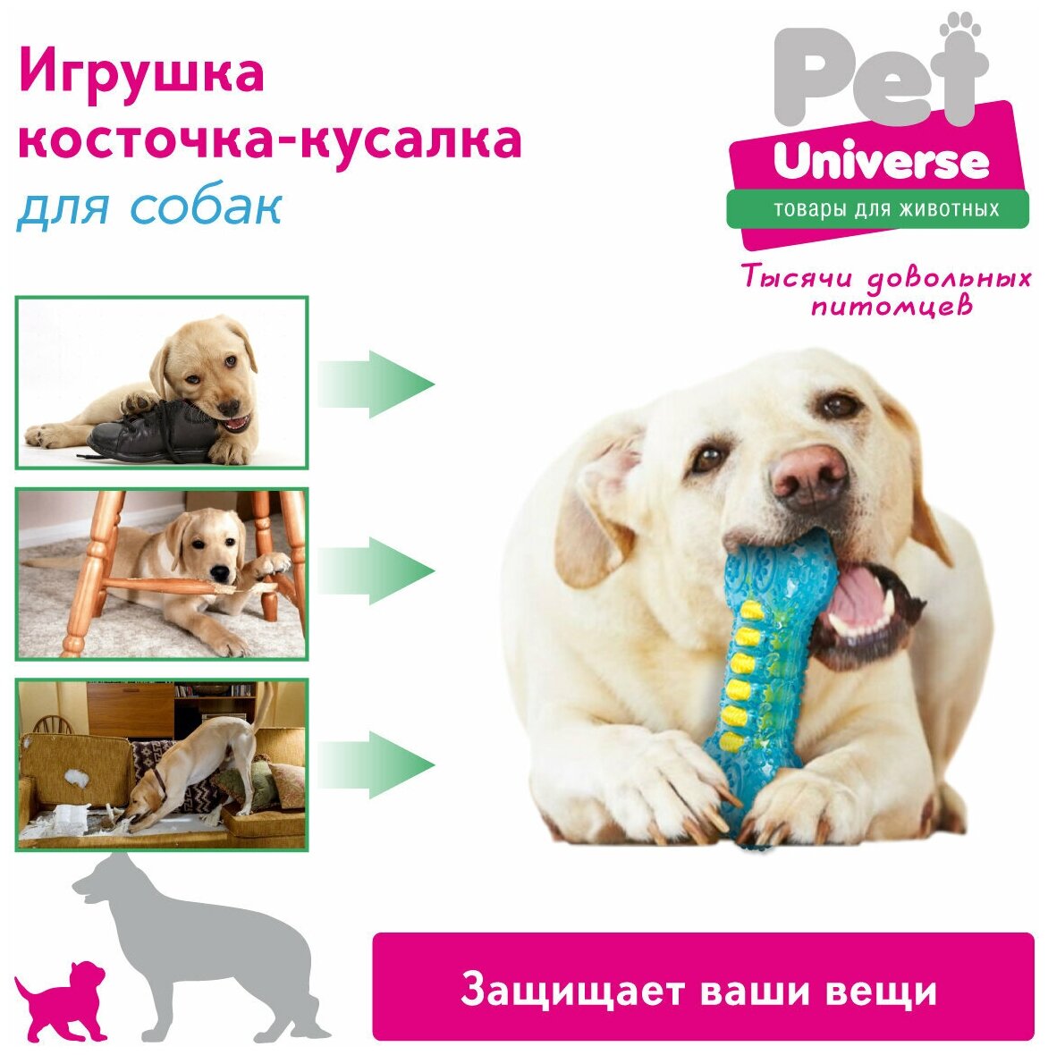 Игрушка для собак Pet Universe Косточка с канатиком, размер 14.5*8 см, жевательная игрушка для прорезывания и чистки зубов, ухода за дёснами. Для щенков и взрослых. PU3023BE - фотография № 2