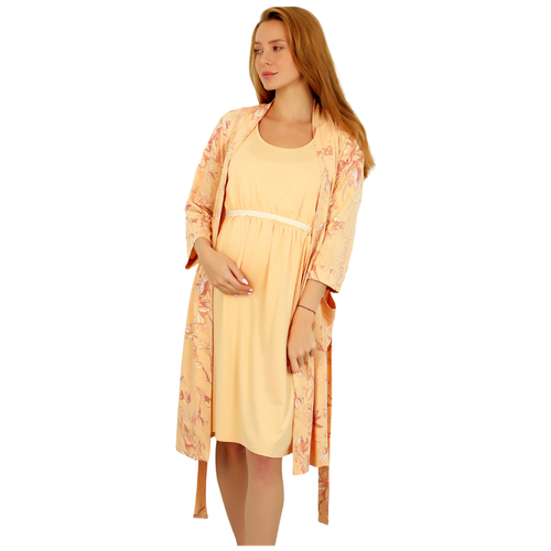фото Женский комплект мистические цветы персиковый размер 50 вискоза лика дресс сорочка на широких бретельках завышенная талия халат запашной с поясом lika dress