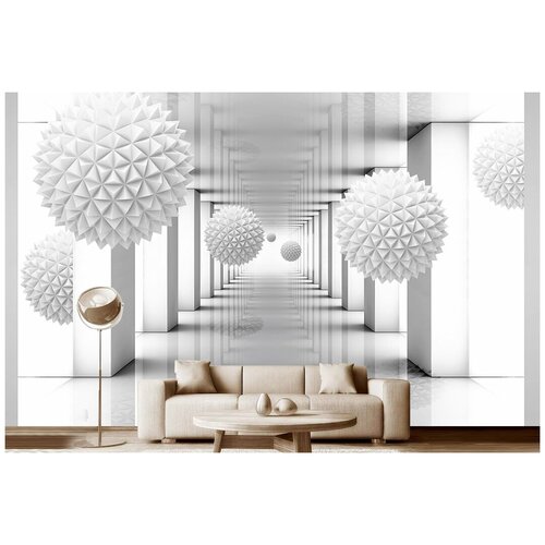 Фотообои на стену флизелиновые 3D Модный Дом Белые игольчатые шары в зале с колоннами 400x250 см (ШxВ)