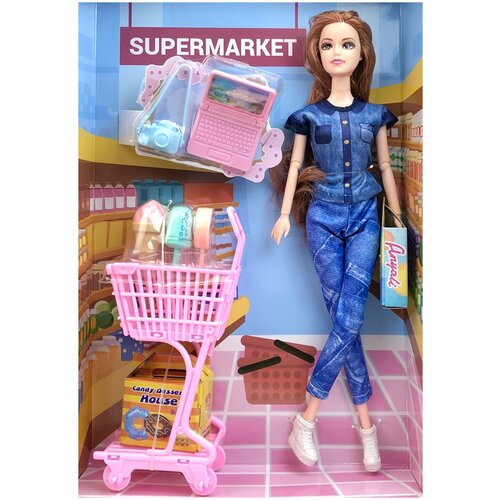 Кукла Anyali в супермаркете, шарнирная, 30 см, с продуктовой тележкой, набором продуктов, с аксессуарами