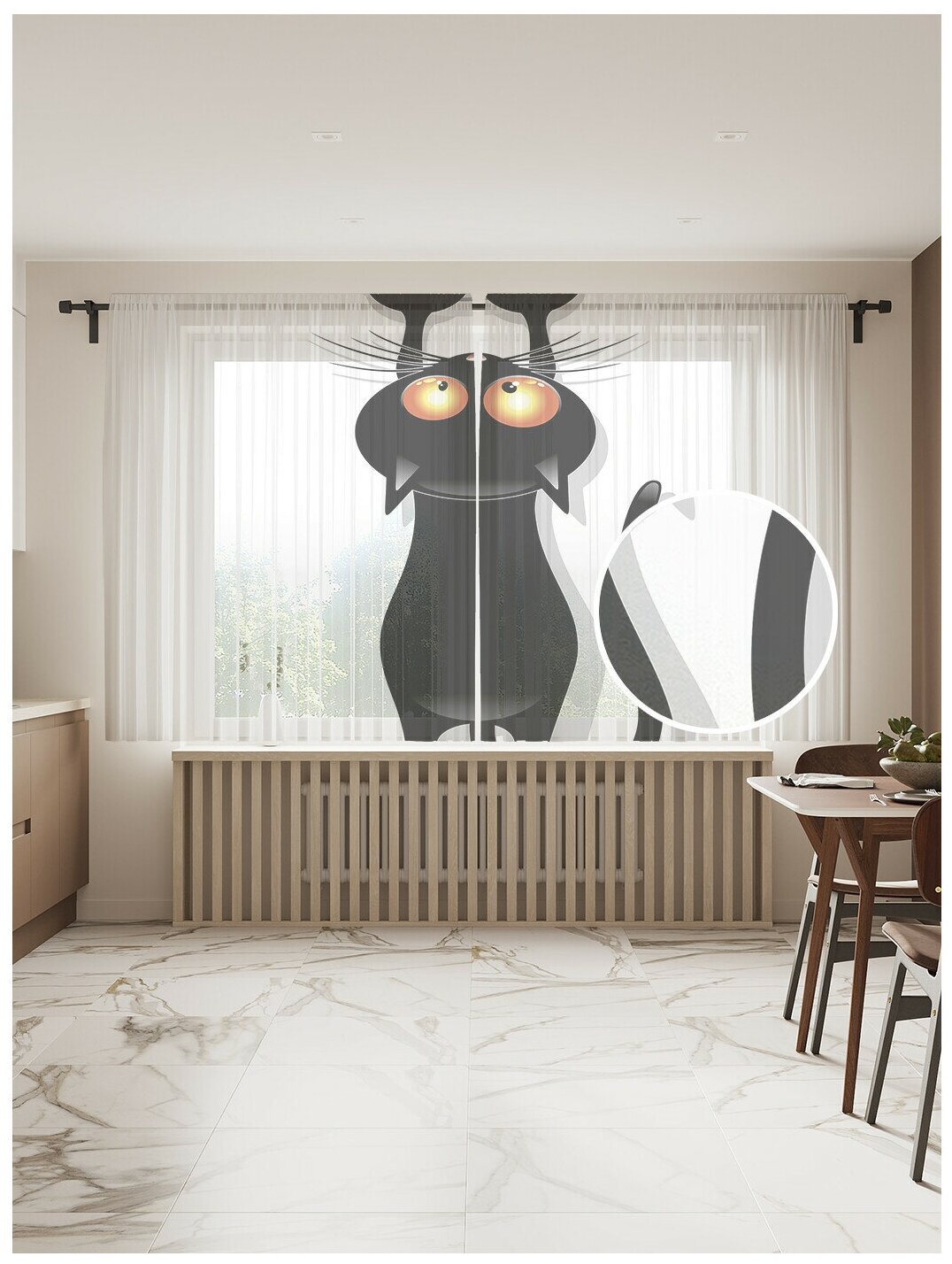 Тюль для кухни и спальни JoyArty "Кот-шкодник", 2 полотна со шторной лентой шириной по 145 см, высота 180 см.