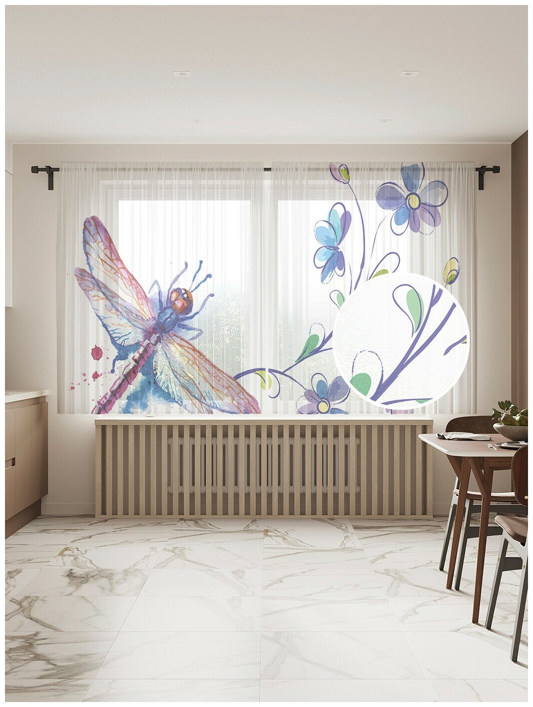 Тюль для кухни и спальни JoyArty "Стрекоза на цветке", 2 полотна со шторной лентой шириной по 145 см, высота 180 см. - фотография № 1