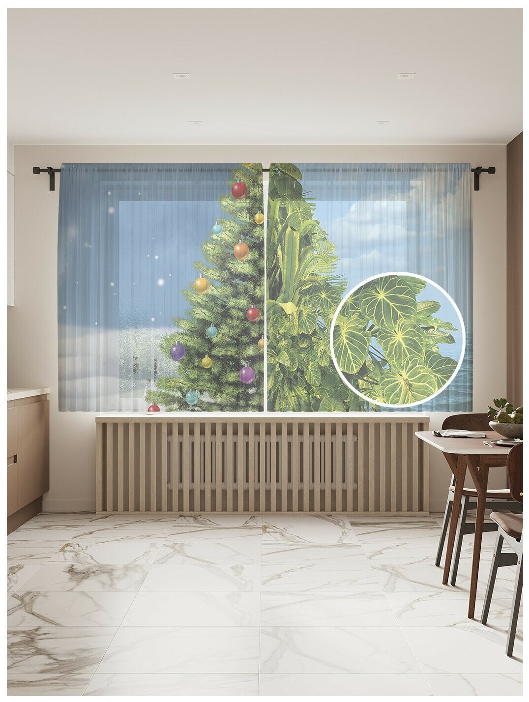 Тюль для кухни и спальни JoyArty "Наряженная елка", 2 полотна со шторной лентой шириной по 145 см, высота 180 см. - фотография № 1