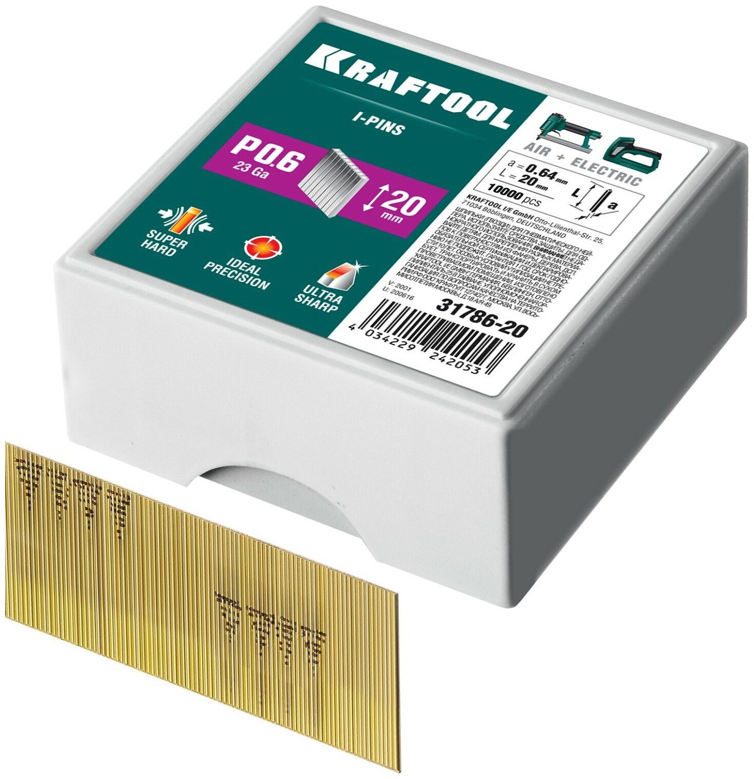 KRAFTOOL тип 23GA (P0.6) 20 мм, 10 000 шт, шпильки для нейлера (31786-20)