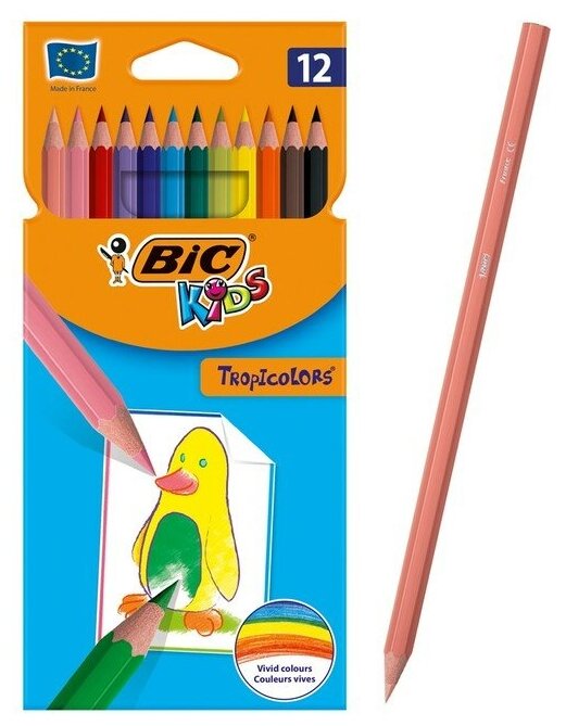 Карандаши 12 цветов BIC Kids Tropicolors, детские, шестигранные, ударопрочные