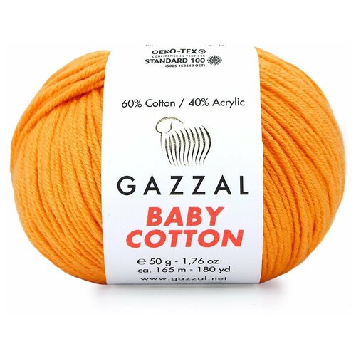 Пряжа Gazzal Baby Cotton (Газзал Беби Коттон) - 5 мотков Абрикос (3416) 60% хлопок, 40% акрил 165м/50г