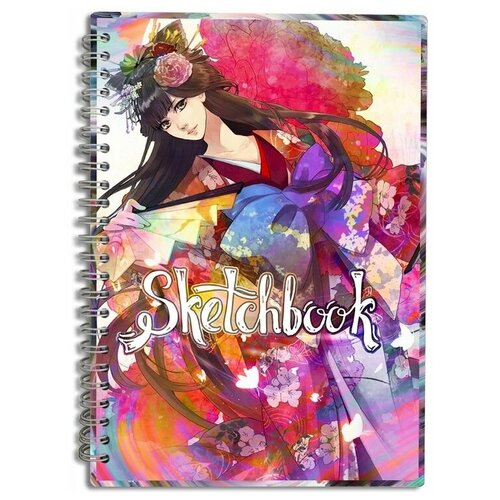 Скетчбук Блокнот, A5 50 листов с деревянной обложкой Девушка гейша (красочная, яркая, Азия, Япония) - 369