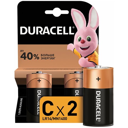 Батарейки DURACELL Basic, С (LR14, 14А), алкалиновые, комплект 2 шт, блистер . Комплект - 1 шт. батарейка алкалиновая c lr14 duracell mn1400 10 шт